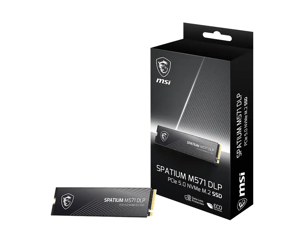 MSI SPATIUM M571 DLP M.2 2280 SSD beside its retail box