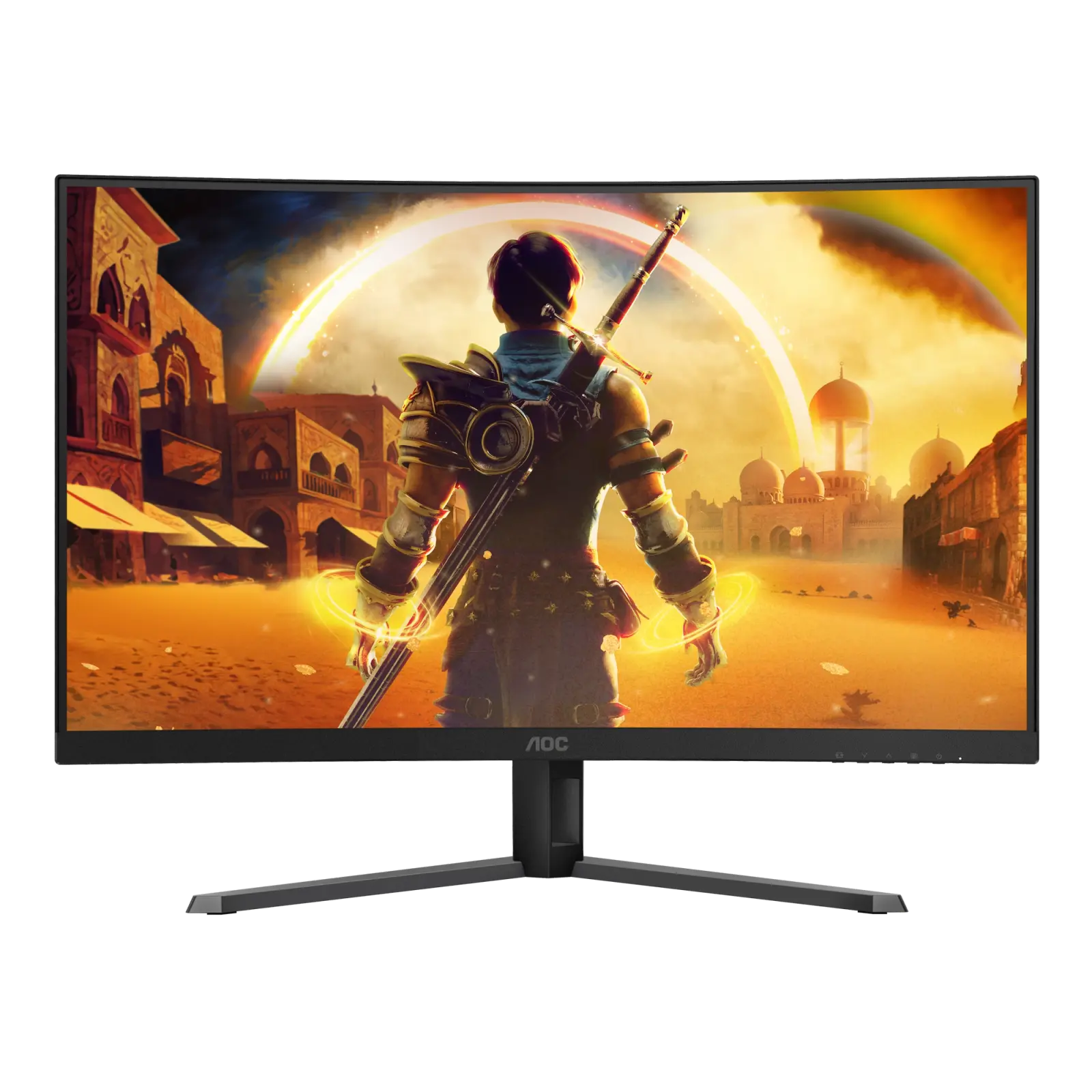 AOC C32G42ZE 31.5-inch curved gaming monitor from the front on its black V-shaped stand.