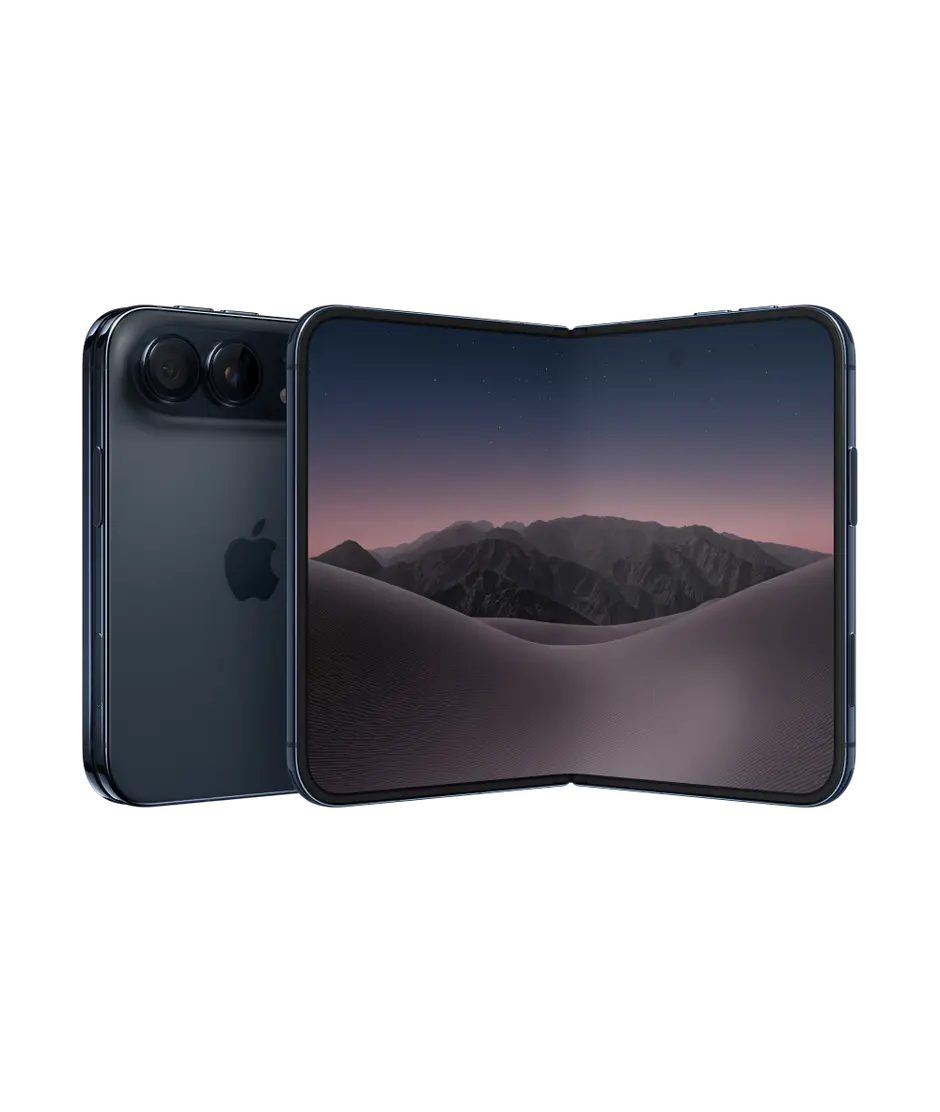 iPhone Duo, folded back exterior, night sky colour (dark blue), Dual Fusion camera system at top left, Apple logo in centre. Unfolded interior display, all-screen design, rounded corners
