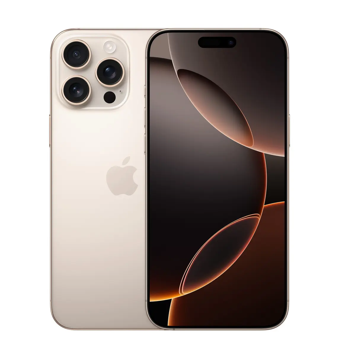 Apple iPhone 16 Pro Max in Desert Titanium, official front and rear product view
