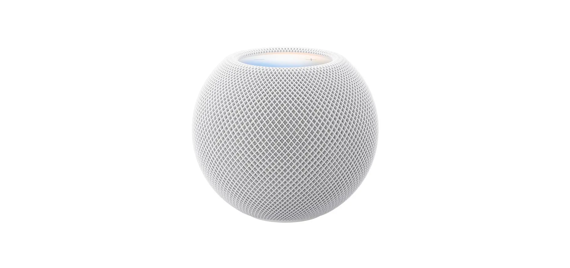 HomePod mini 2, white colour, front exterior, compact spherical design, seamless acoustic mesh fabric. Top exterior, flat backlit touch surface, multi‑coloured illumination