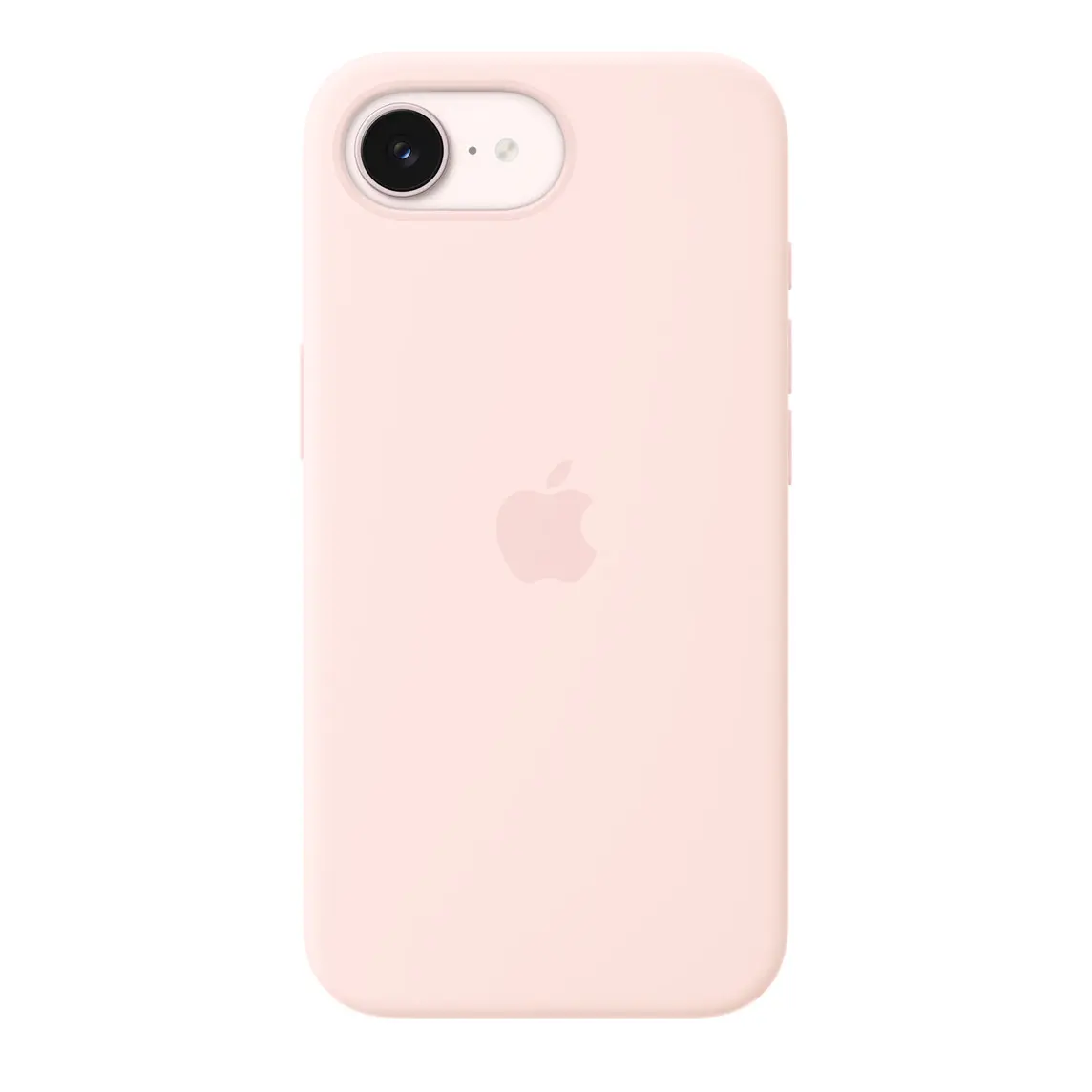 iPhone 17e Silicone Case with MagSafe in soft pink colour, back exterior, embedded Apple logo in centre, attached to iPhone 17e in soft pink colour, visible through camera cutout