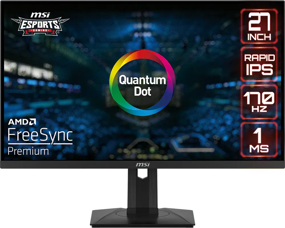 MSI G274QPF-QD monitor on its supplied stand, official front view with manufacturer sample screen artwork