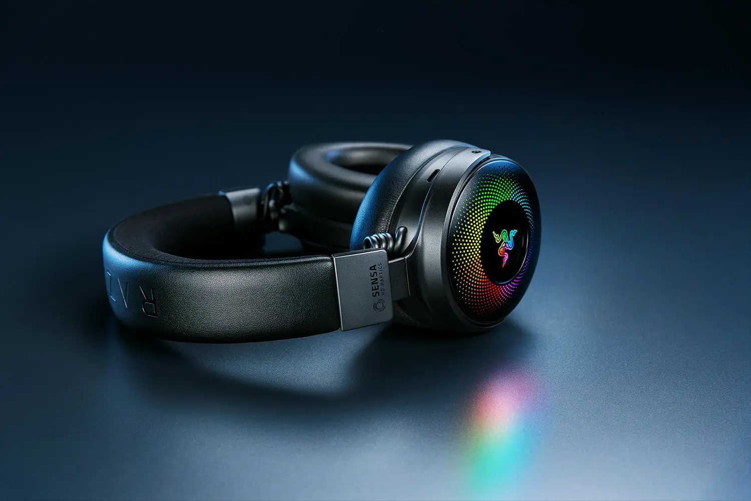 Razer Kraken V4 Pro wireless gaming headset in black with RGB-lit earcup