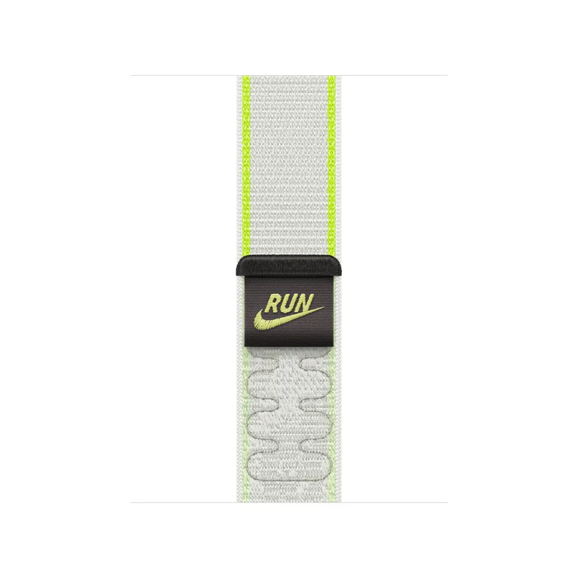 Nike Sport Loop band, essential white colour (light grey with dark grey details, bright green edges and subtle woven pattern), double-layer nylon weave material, hook-and-loop closure, Nike Run Swoosh logo pull-tab