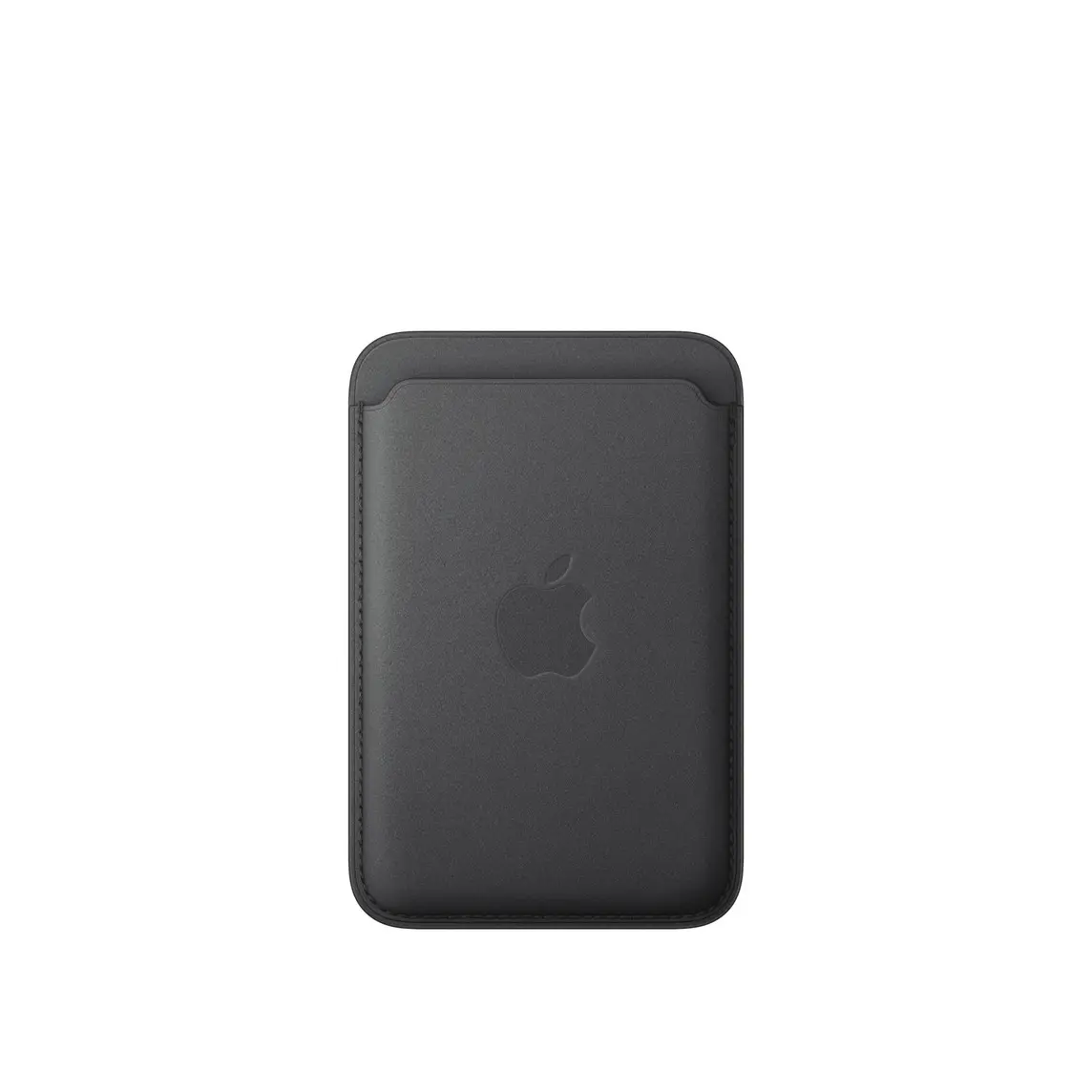 iPhone FineWoven Wallet with MagSafe, black colour, back exterior, card slot at top, embedded Apple logo in the centre, stitching along the edges