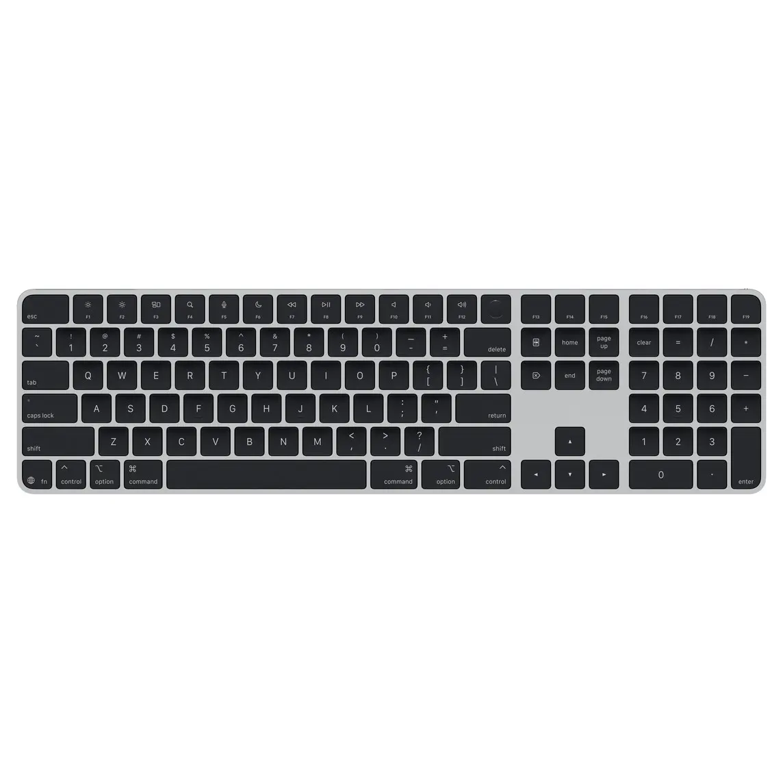 Magic Keyboard with Touch ID and Numeric Keypad, black keys, silver aluminium structure, round Touch ID sensor, full-height function keys