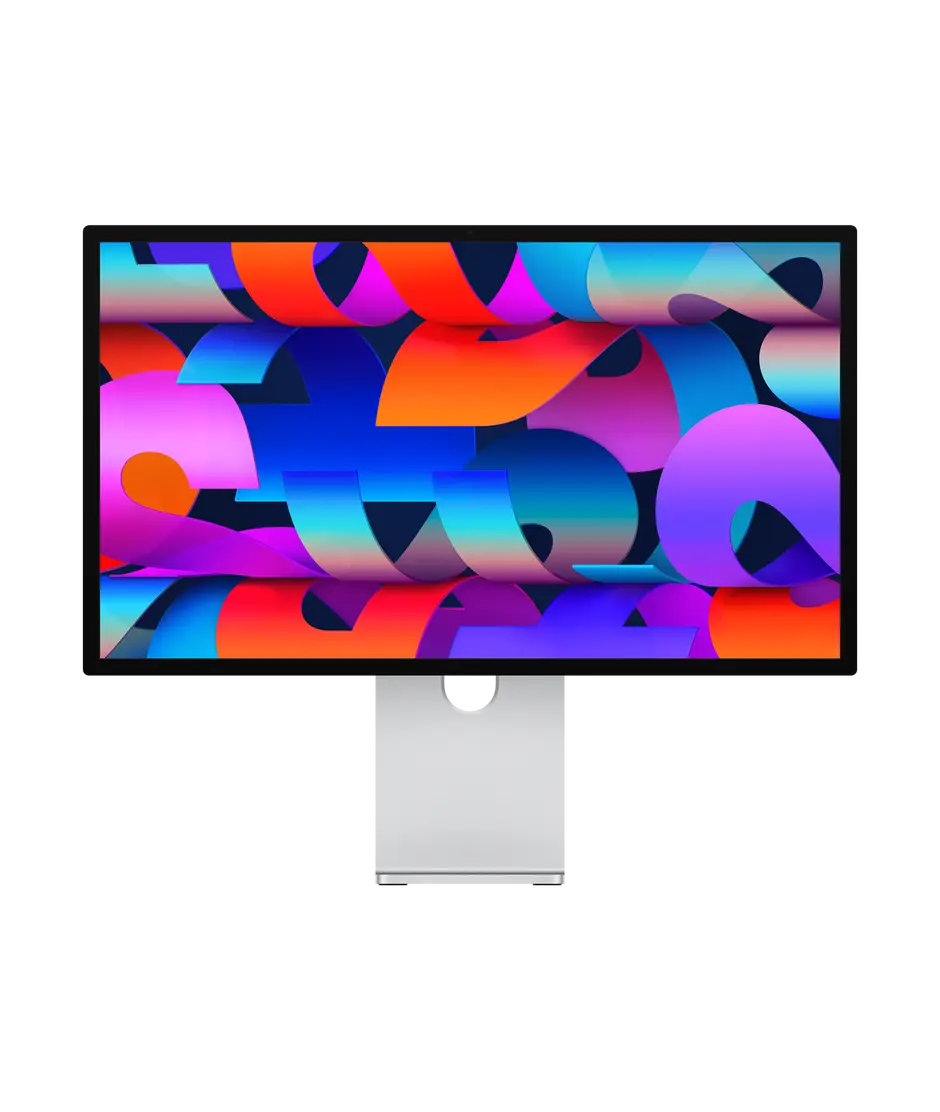 Studio Display, rectangular screen, standard glass, low reflectivity, thin black bezels, silver colour stand