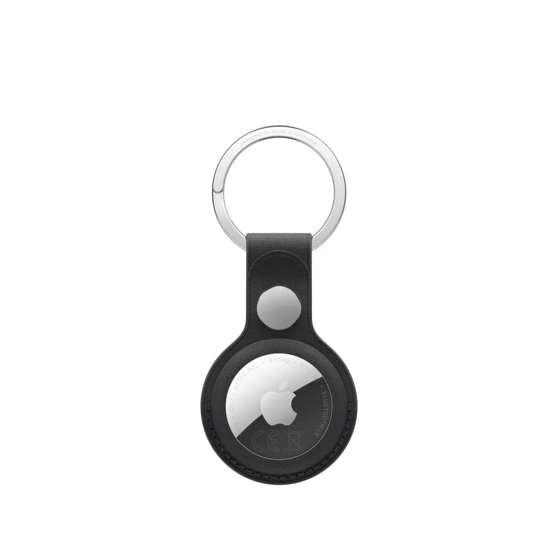 AirTag FineWoven Key Ring, snap closure button, stainless steel key ring, black colour material covers the outer edge of AirTag, circular cutout, AirTag visible, Apple logo centred