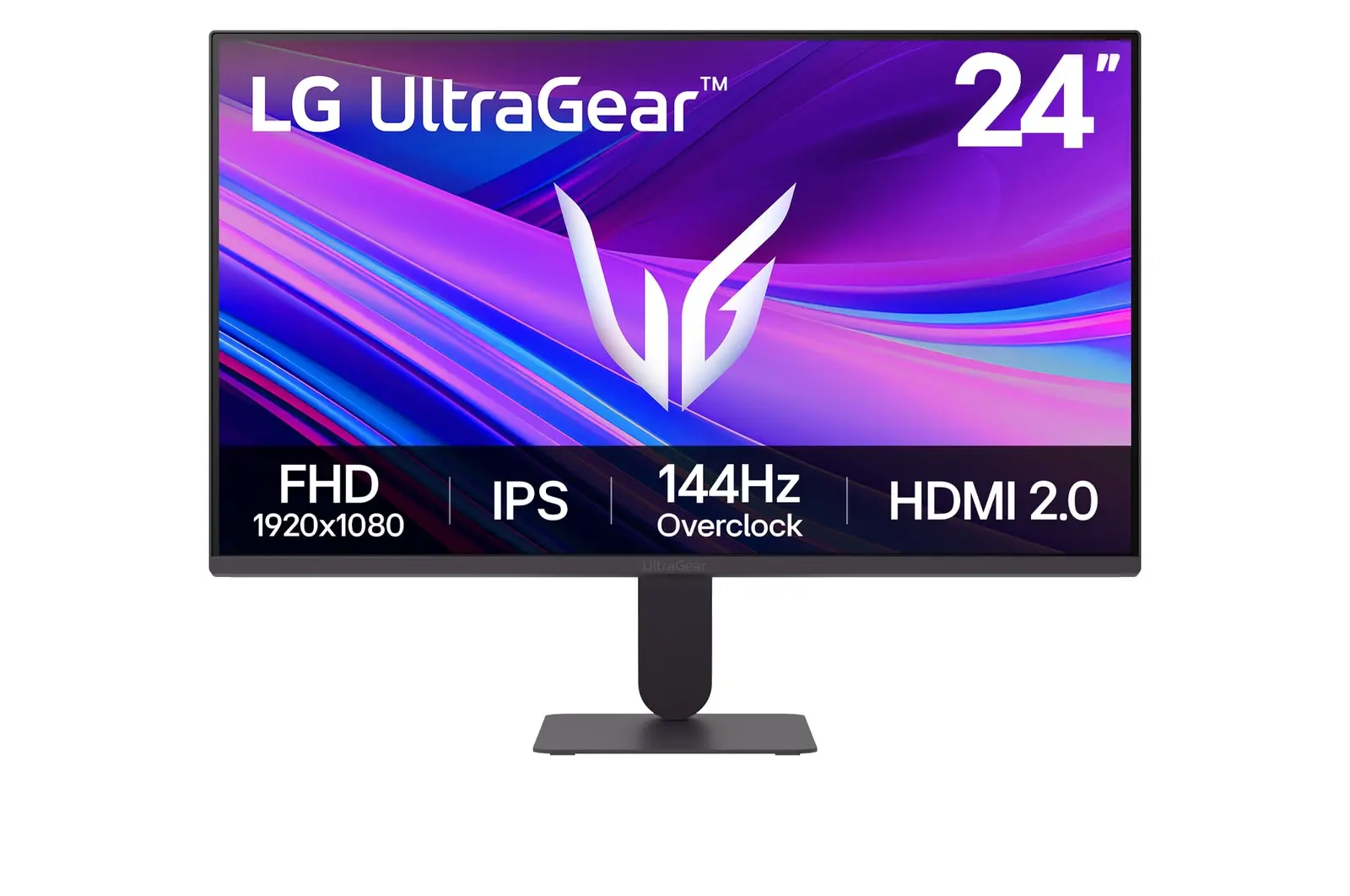 Front view of 24” LG UltraGear™ G4 Gaming Monitor, FHD IPS screen, 120Hz refresh rate, 1ms MBR, Black 24G411A-B