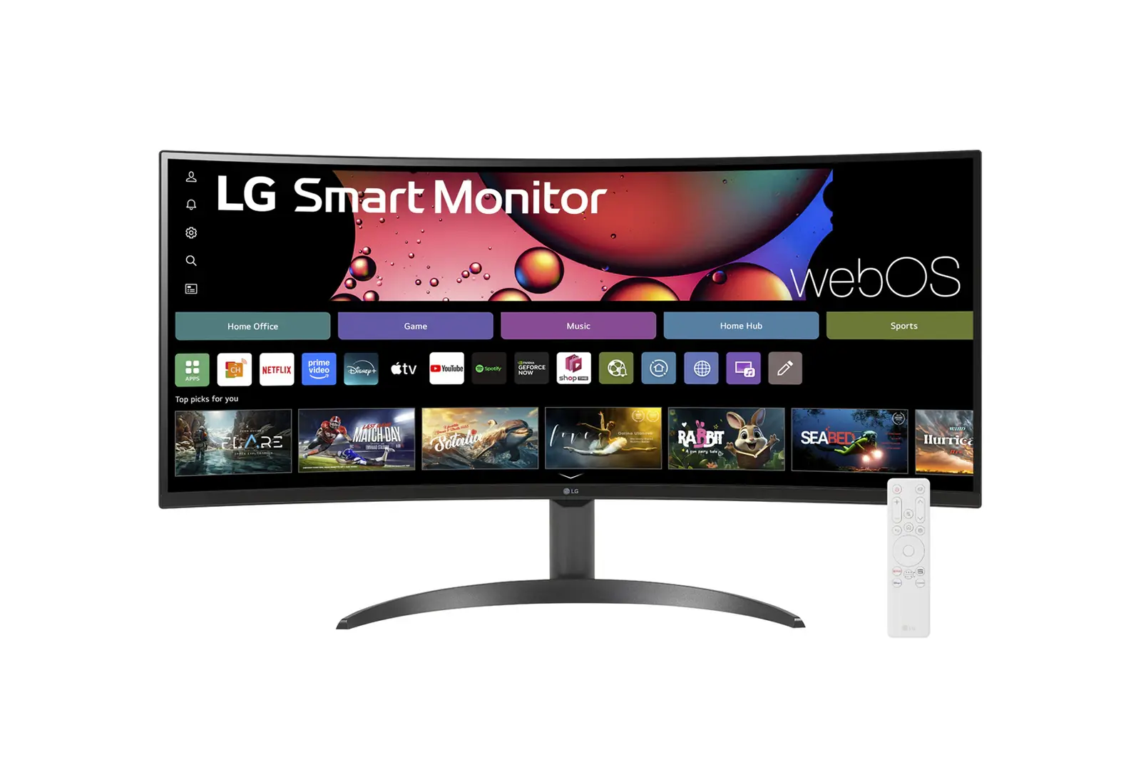 Front view of 34” LG Smart Monitor, Curved WQHD Display, webOS, LG ThinQ, Screen Share, Bluetooth, Black 34SR60QC-B