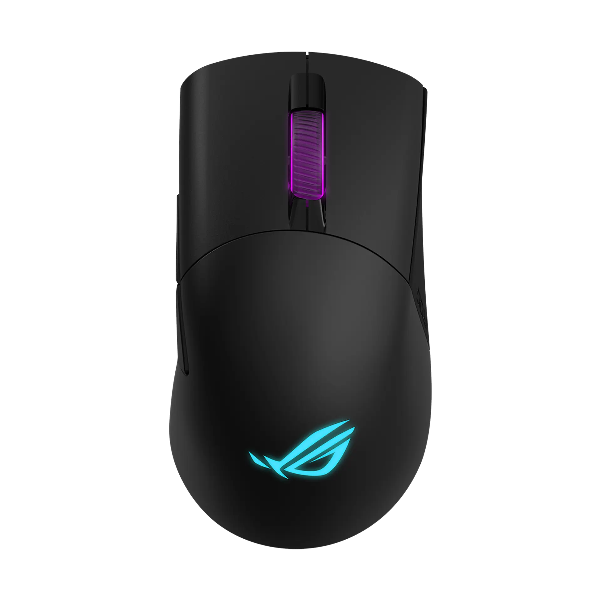 ASUS ROG Keris Wireless mouse in black, top view showing the magenta-lit scroll wheel and cyan-lit ROG logo