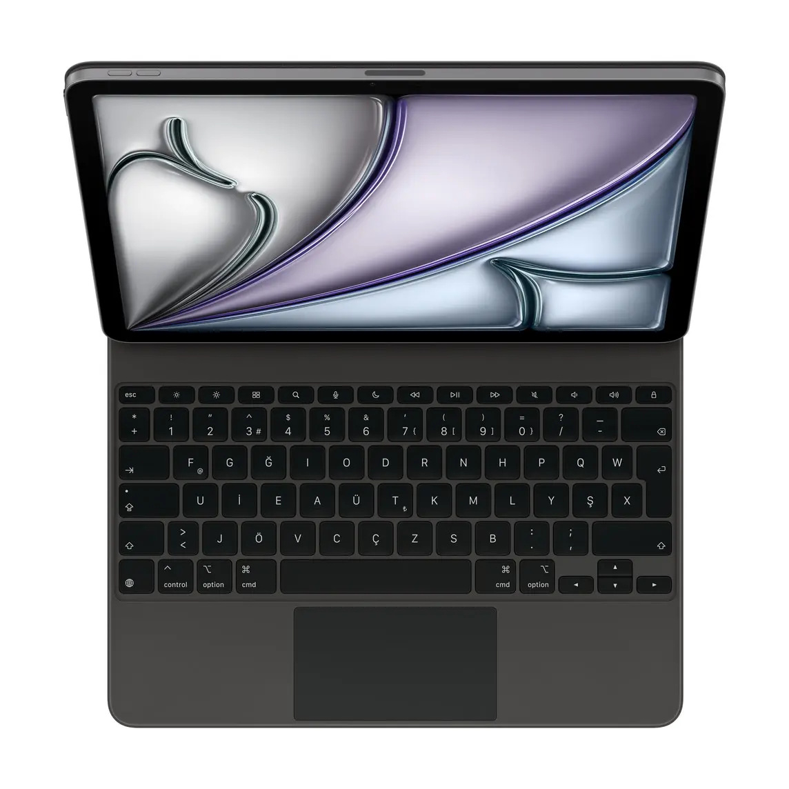 Magic Keyboard for iPad Air, black colour aluminium structure, black colour keys with white colour symbols, function key row, black colour trackpad and palm rest, iPad Air attached, landscape orientation