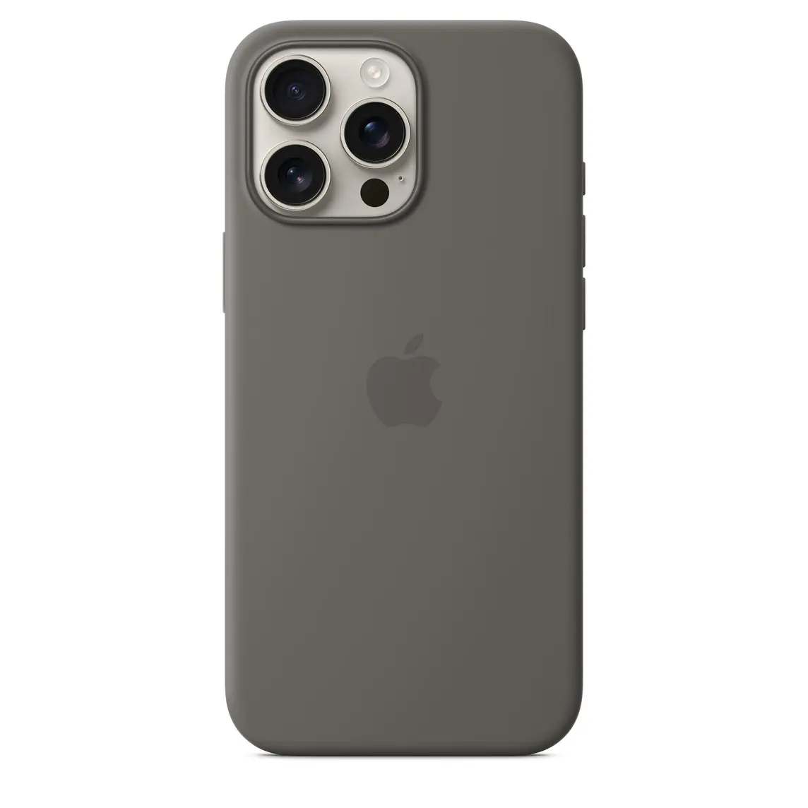 iPhone 16 Pro Max Silicone Case with MagSafe in Stone Grey, embedded Apple logo in centre, attached to iPhone 16 Pro Max Natural Titanium finish, seen through camera cutout.