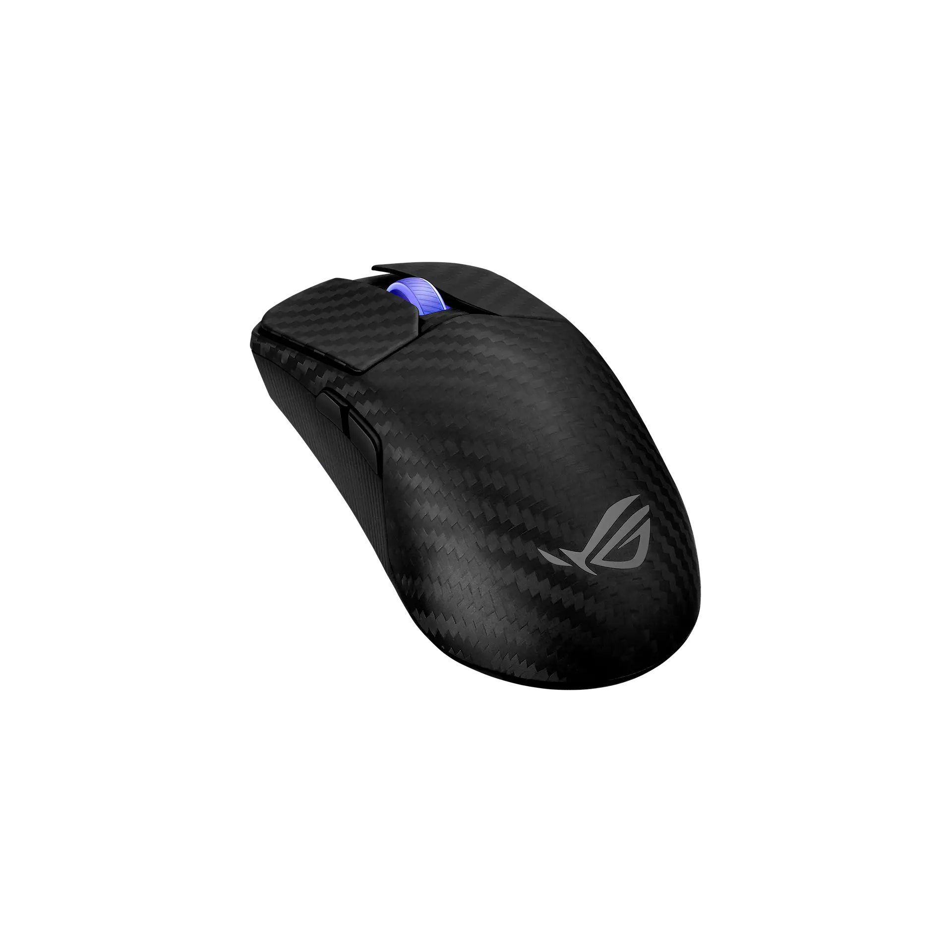 ASUS ROG Harpe Ace Extreme wireless mouse in black carbon fiber, angled top view showing the woven carbon shell, blue-lit scroll wheel, left side buttons and ROG logo