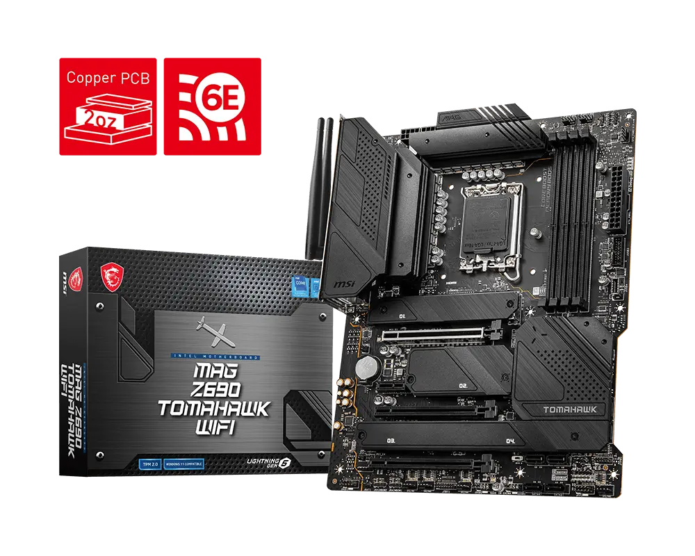 MSI MAG Z690 TOMAHAWK WIFI motherboard with exact-model retail packaging