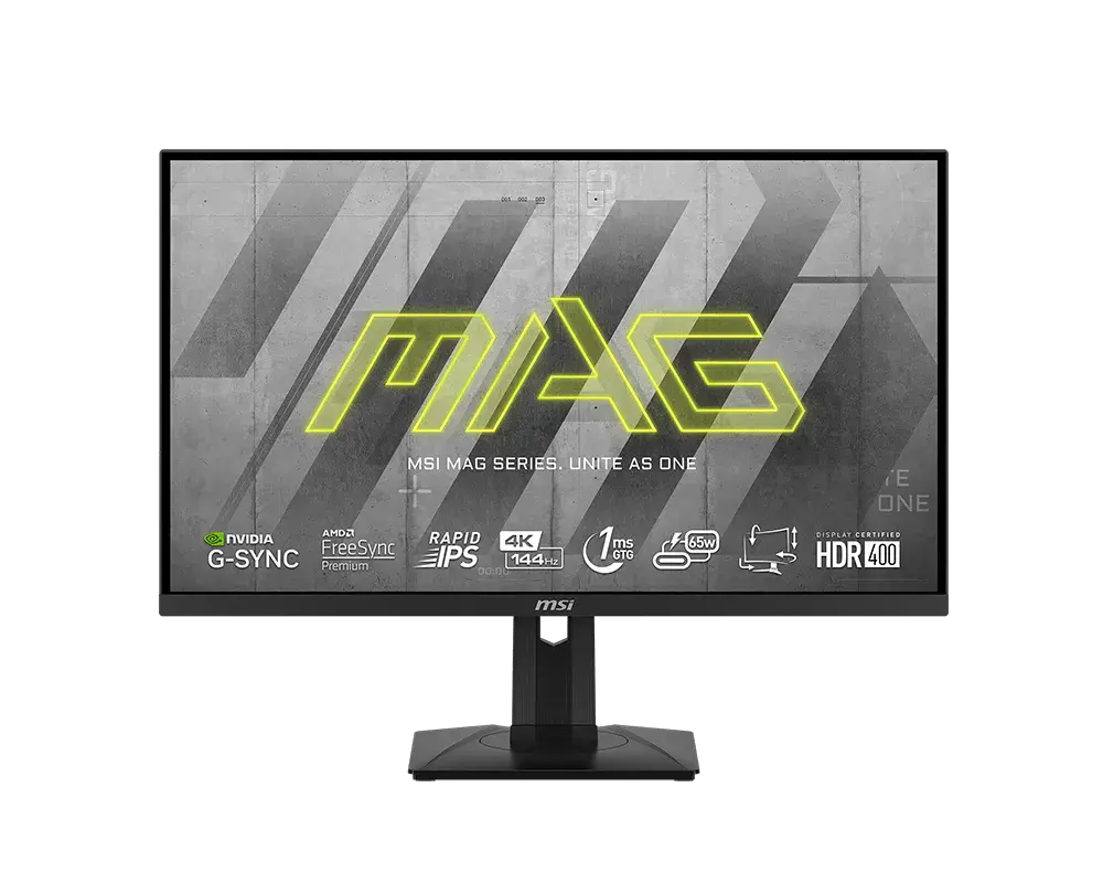 MSI MAG 274UPF monitor on its supplied stand, official front view with manufacturer sample screen artwork