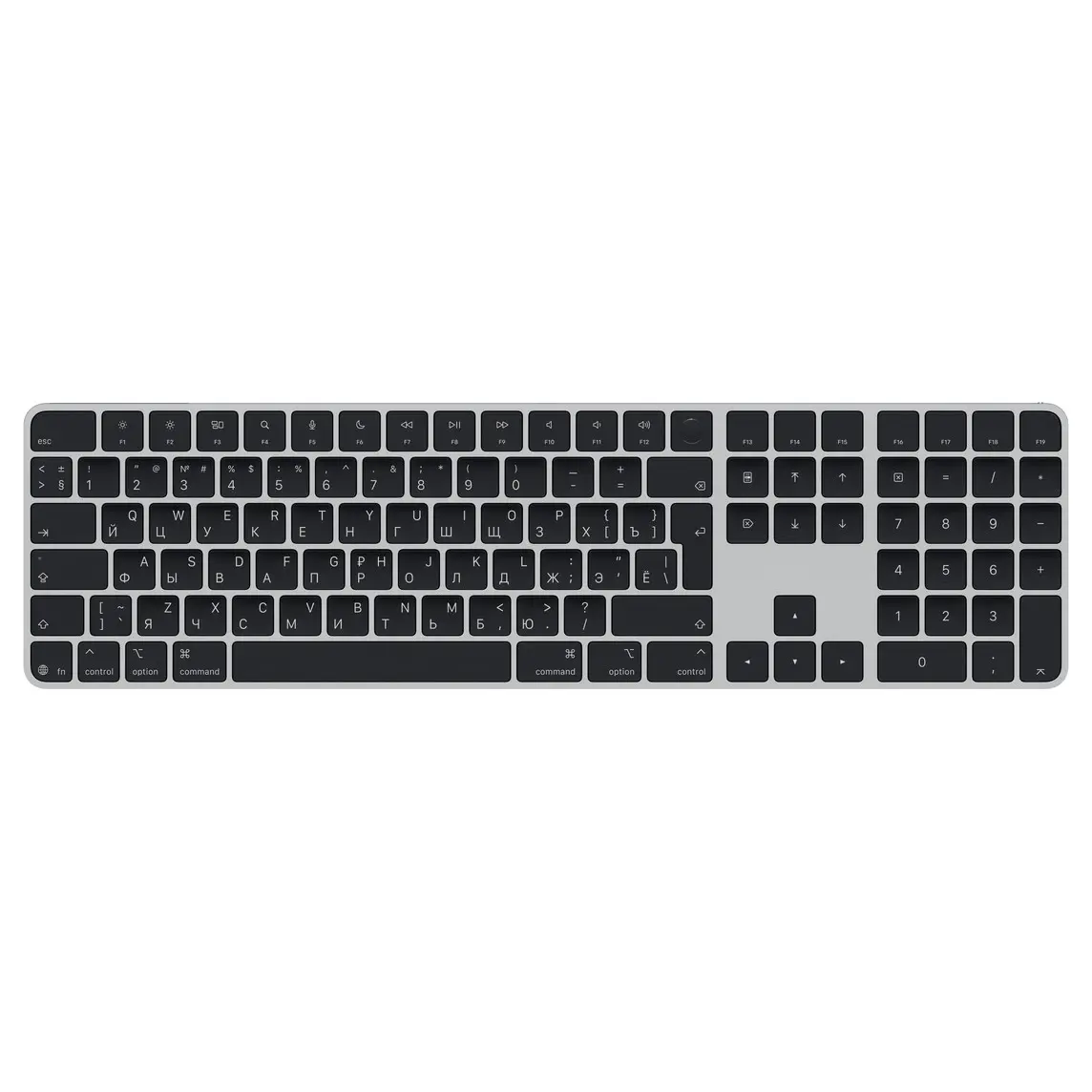 Magic Keyboard with Touch ID and Numeric Keypad, black keys, silver aluminium structure, round Touch ID sensor, full-height function keys