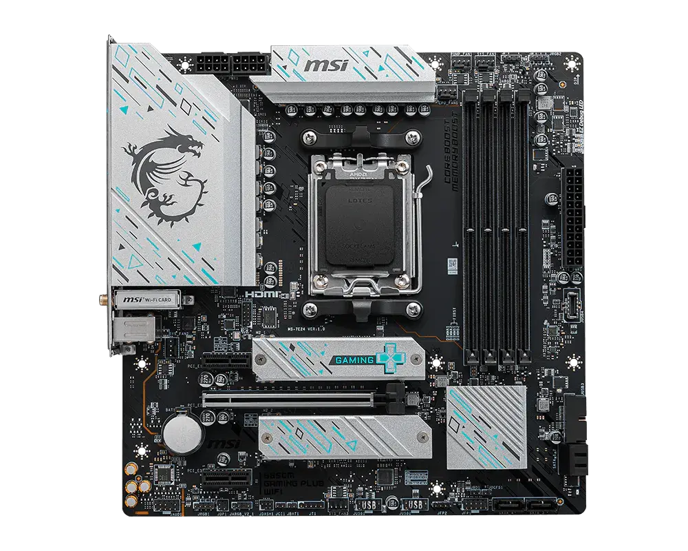 MSI B650M GAMING PLUS WIFI motherboard, top view of the exact global model; CPU and memory are not installed