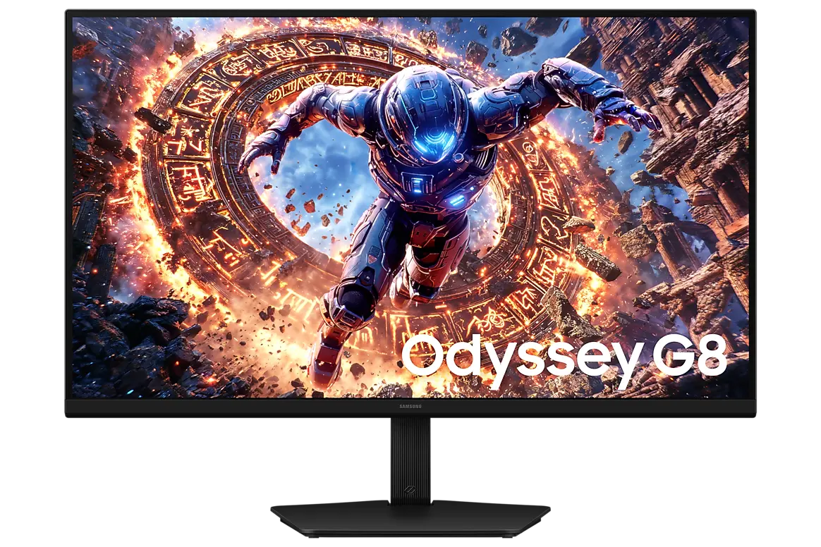 Samsung Odyssey G8 G80HS 32-inch monitor, official exact-model gallery view showing the screen and supplied stand.