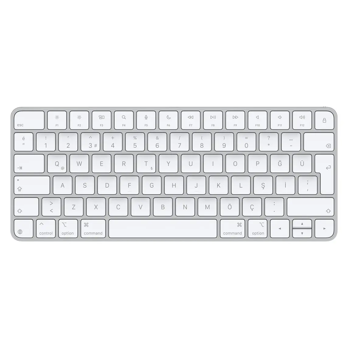 Magic Keyboard, white keys, silver aluminium structure, full-height function keys, half-height up and down arrow keys
