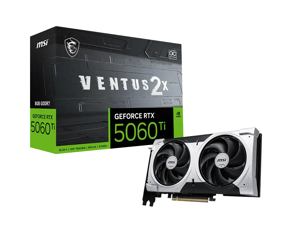 MSI GeForce RTX 5060 Ti 8G VENTUS 2X OC PLUS graphics card and exact-model retail box showing 8 GB GDDR7