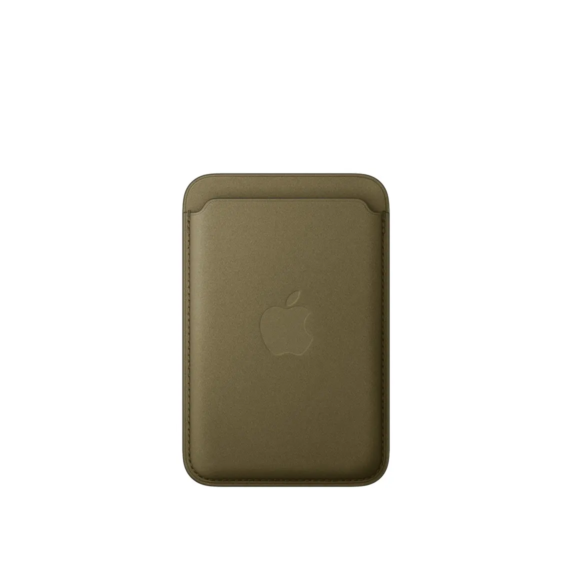 iPhone FineWoven Wallet with MagSafe, olive colour (dark yellowish-green), back exterior, card slot at top, embedded Apple logo in the centre, stitching along the edges