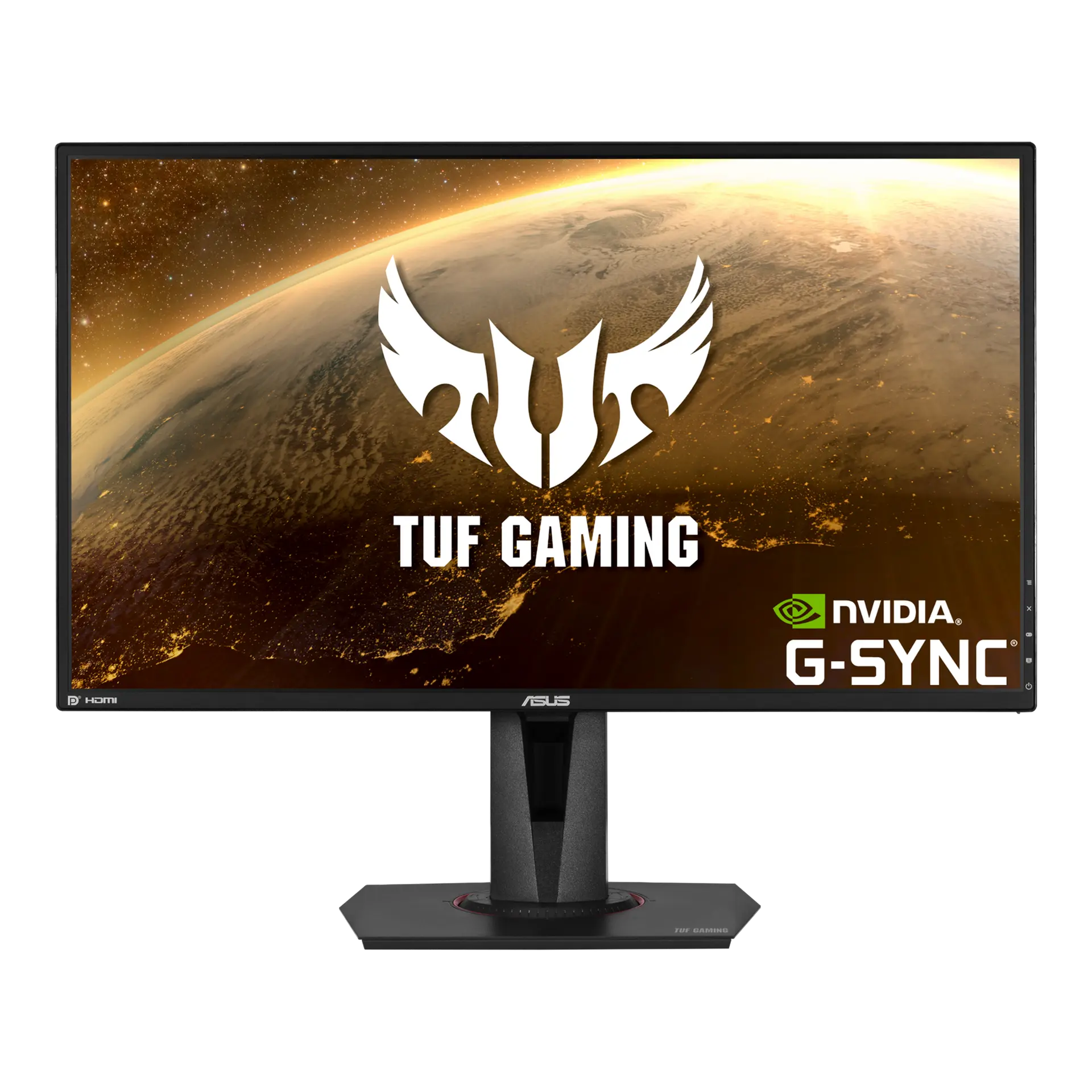 ASUS TUF Gaming VG27AQ monitor with its rectangular adjustable stand and the manufacturer's TUF Gaming screen artwork.