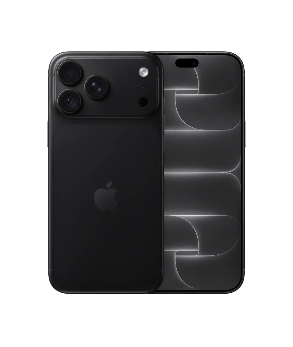 iPhone 18 Pro Max, back exterior, black colour, Pro Fusion camera system at top, Apple logo in centre, front exterior, all-screen design, Dynamic Island at top centre
