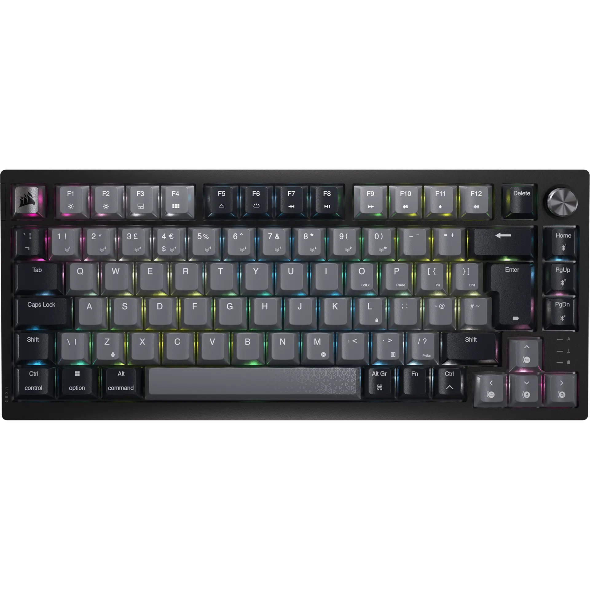 Corsair K65 PLUS WIRELESS black and grey 75% keyboard with UK ISO layout and rotary dial, official top view