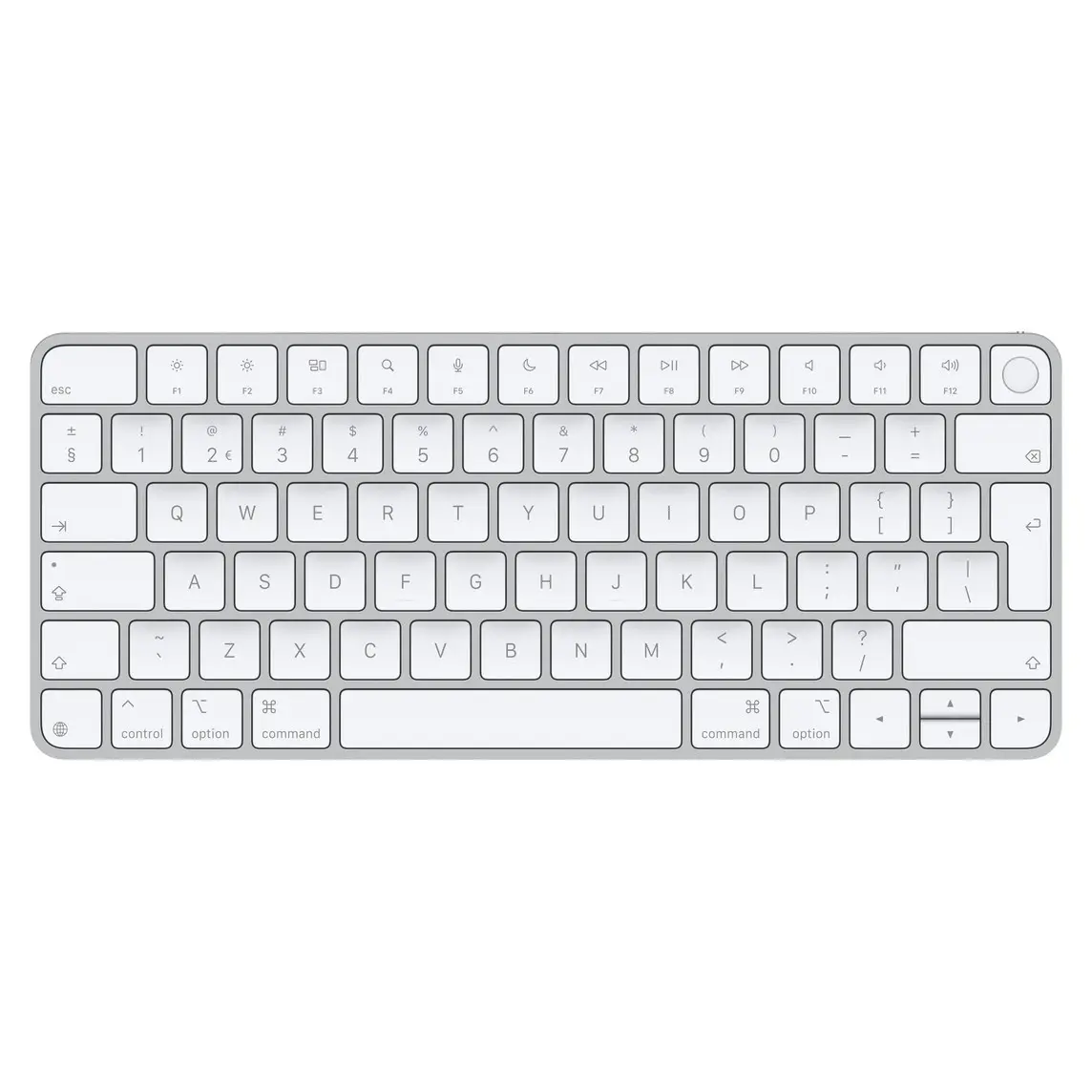 Magic Keyboard, white keys, silver aluminium structure, full-height function keys, half-height up and down arrow keys