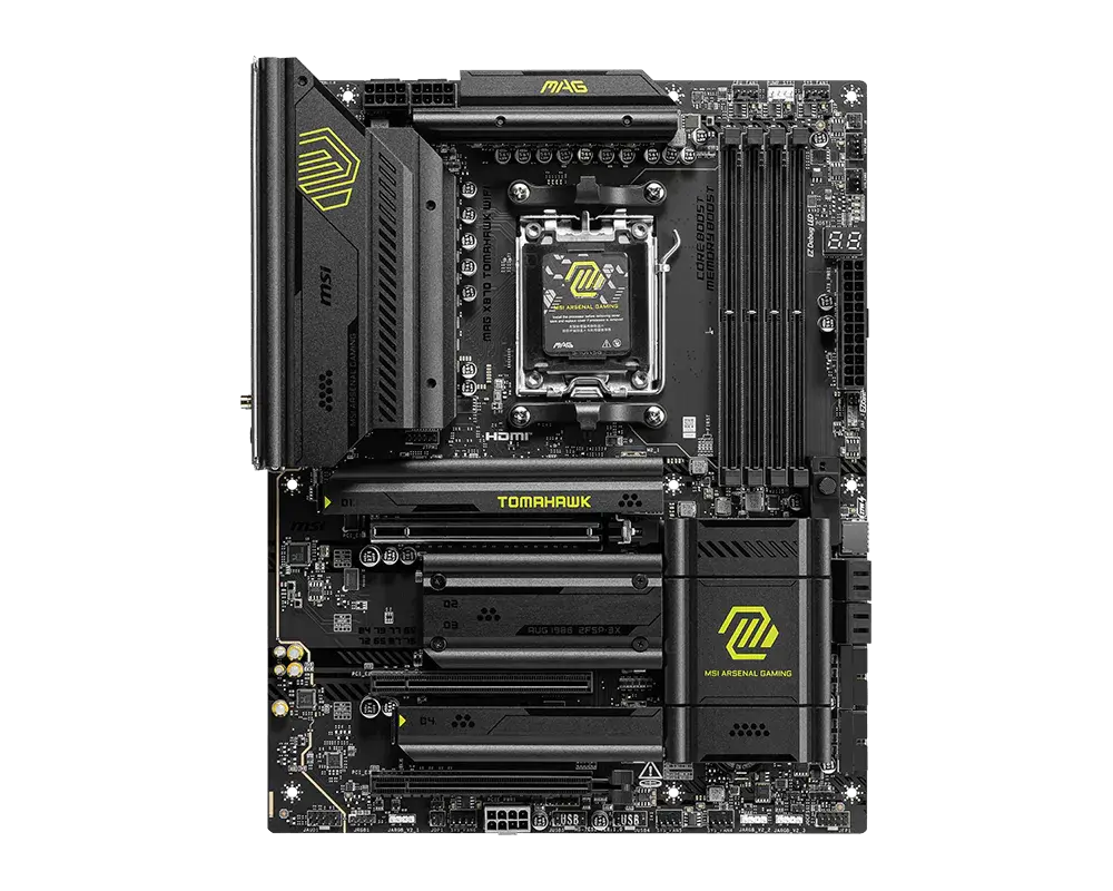 MSI MAG X870 TOMAHAWK WIFI motherboard, top view of the exact global model; CPU and memory are not installed