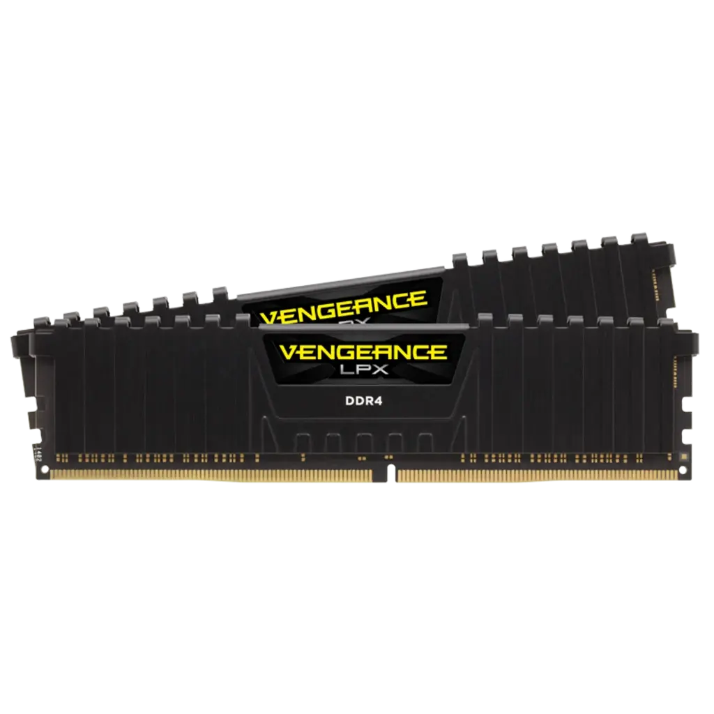 Corsair Vengeance LPX 16 GB CMK16GX4M2B3200C16 — Two black non-RGB VENGEANCE LPX DDR4 modules with yellow branding.