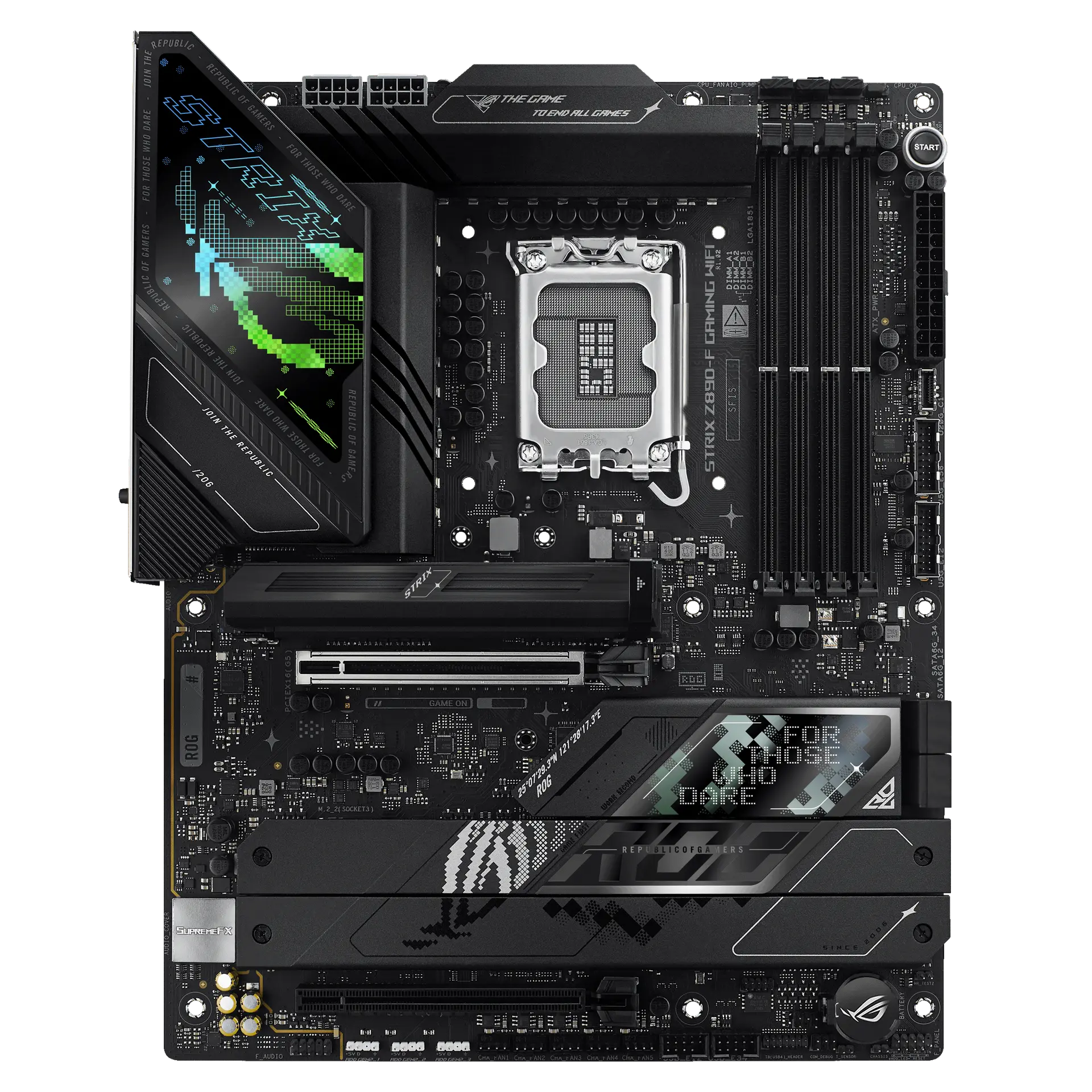 ASUS ROG STRIX Z890-F GAMING WIFI motherboard, official front view showing its exact board layout, processor socket, memory slots and heatsinks.