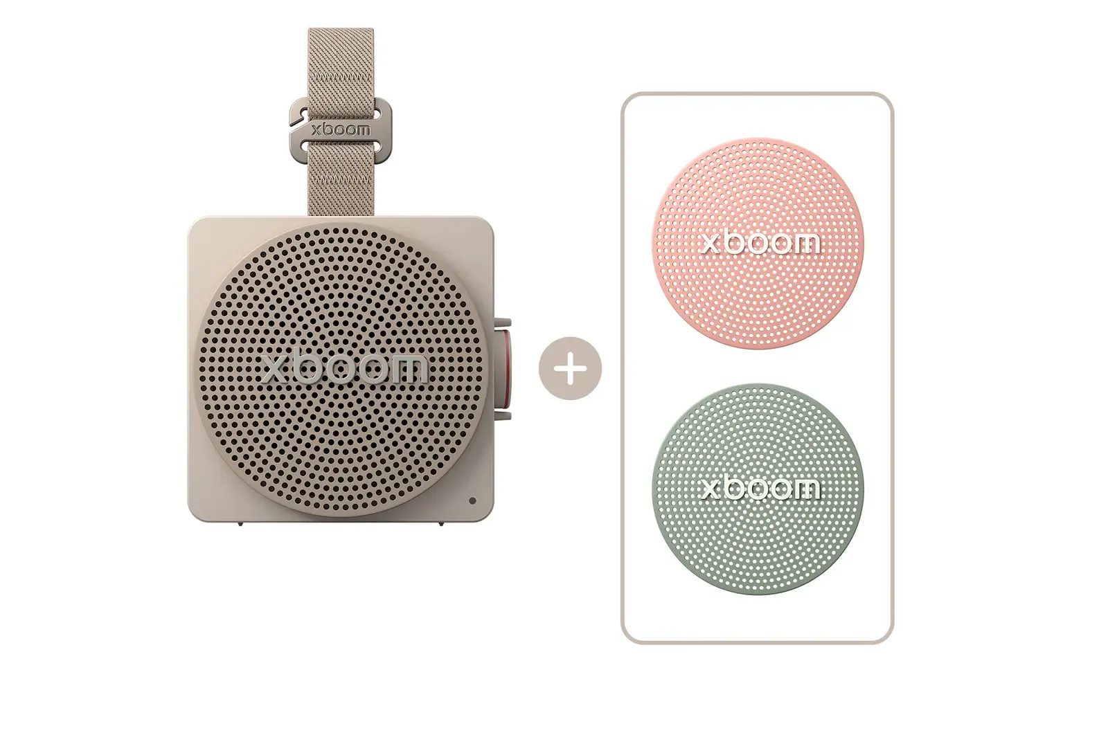 Front view of LG xboom Mini by will.i.am Speaker - Grey & Replacement Grille - Pink & Green Bundle MINIG.AGLBLGP