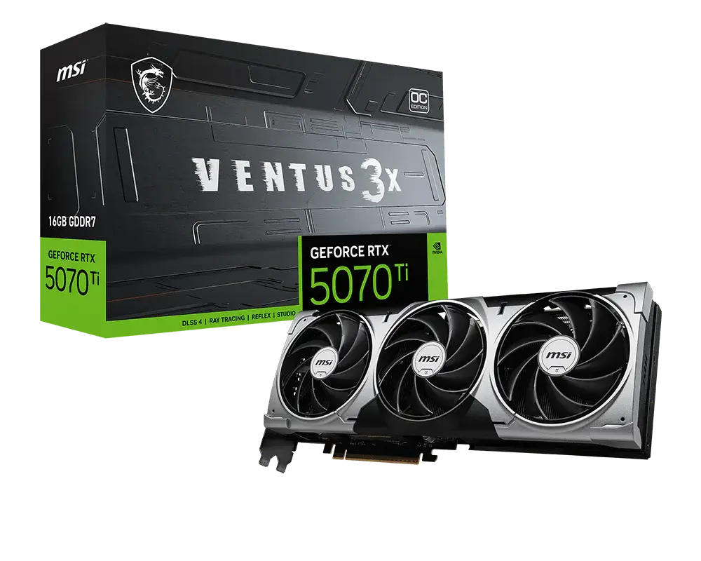MSI GeForce RTX 5070 Ti 16G VENTUS 3X OC: one graphics card beside its exact model retail box