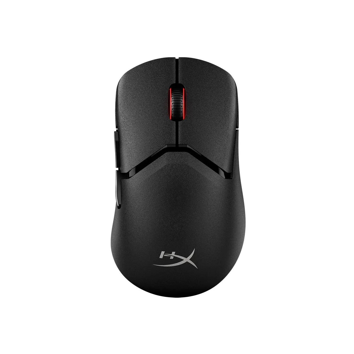 HyperX Pulsefire Saga Pro Wireless mouse in black, top view showing the red-lit scroll wheel and two left side buttons, no cable