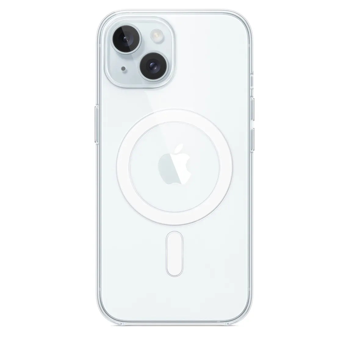 iPhone 15 Clear Case with MagSafe, attached to iPhone 15 Blue finish.