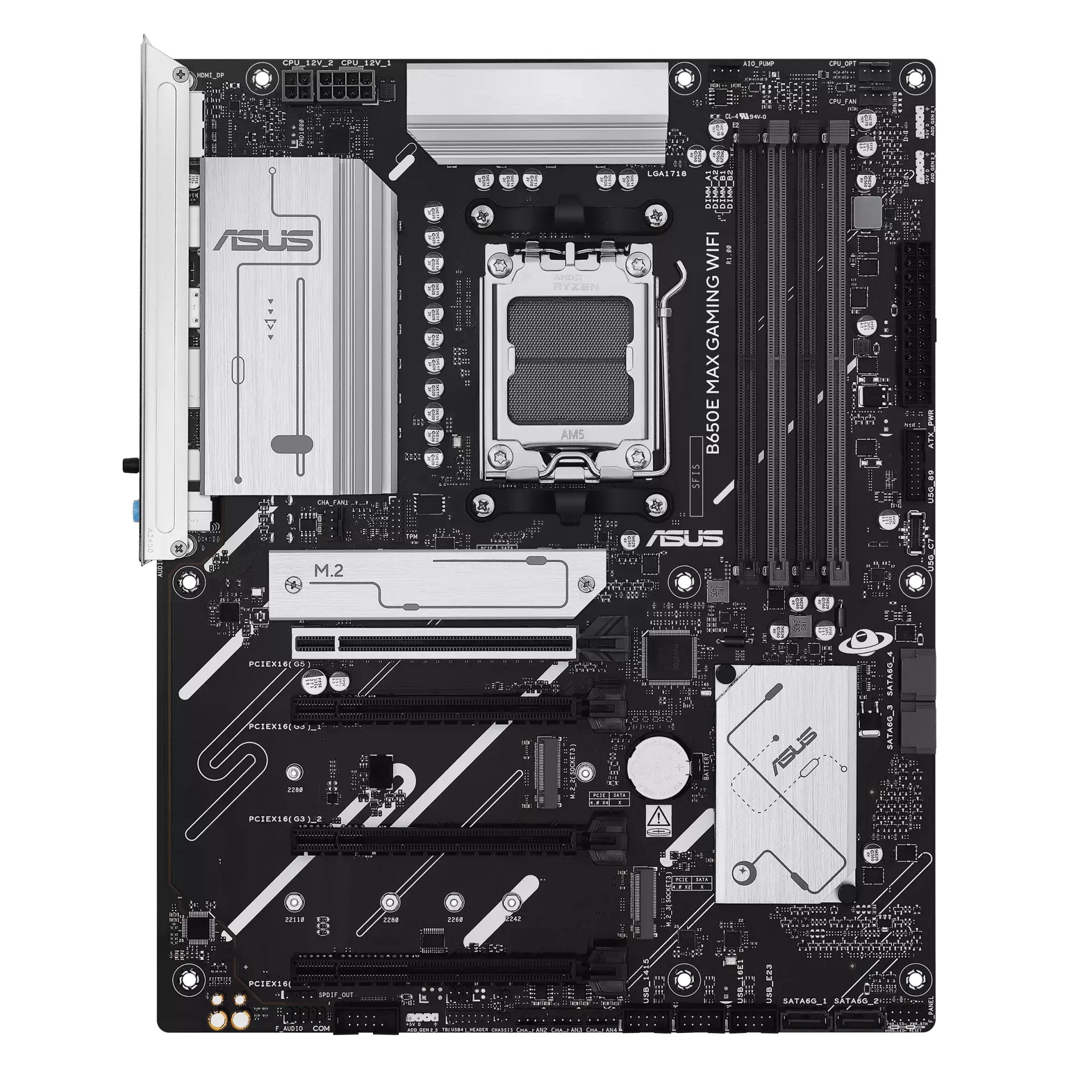 ASUS B650E MAX GAMING WIFI motherboard, official front view showing its exact board layout, AM5 processor socket, four memory slots and heatsinks.