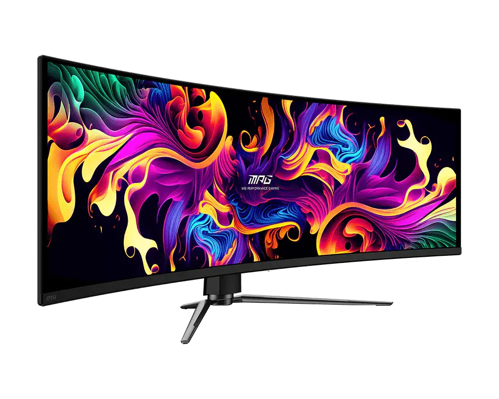 MSI MPG 491CQPX QD-OLED: one monitor with its supplied stand, shown from the front at an angle