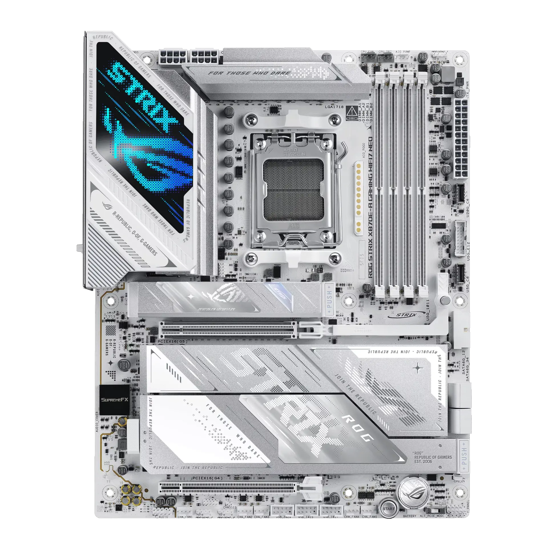 ASUS ROG STRIX X870E-A GAMING WIFI7 NEO motherboard in white, official front view showing its exact board layout, AM5 processor socket, four memory slots and heatsinks.