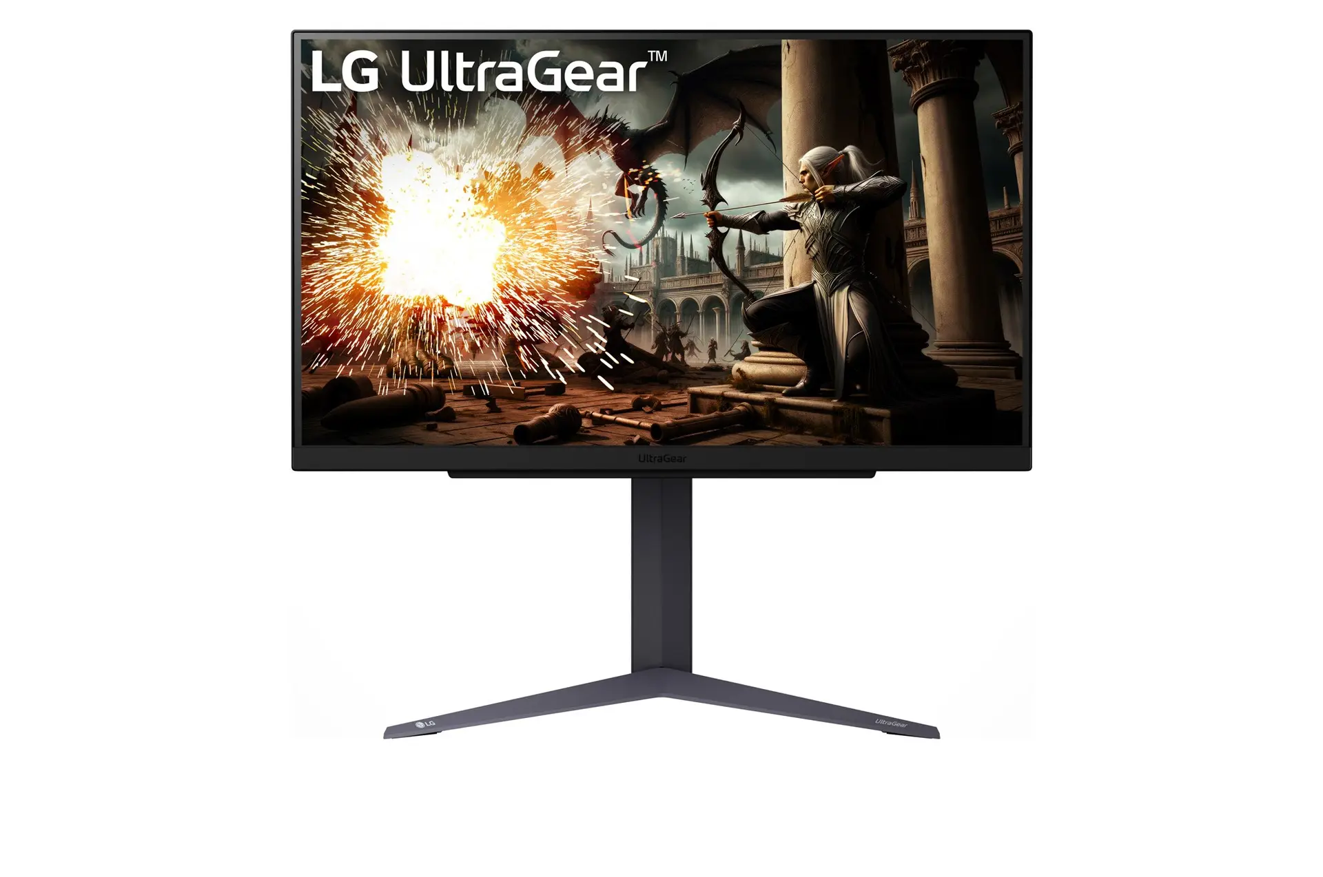 LG UltraGear 27GS75Q-B gaming monitor from the front on its V-shaped stand, with UltraGear game artwork on screen.