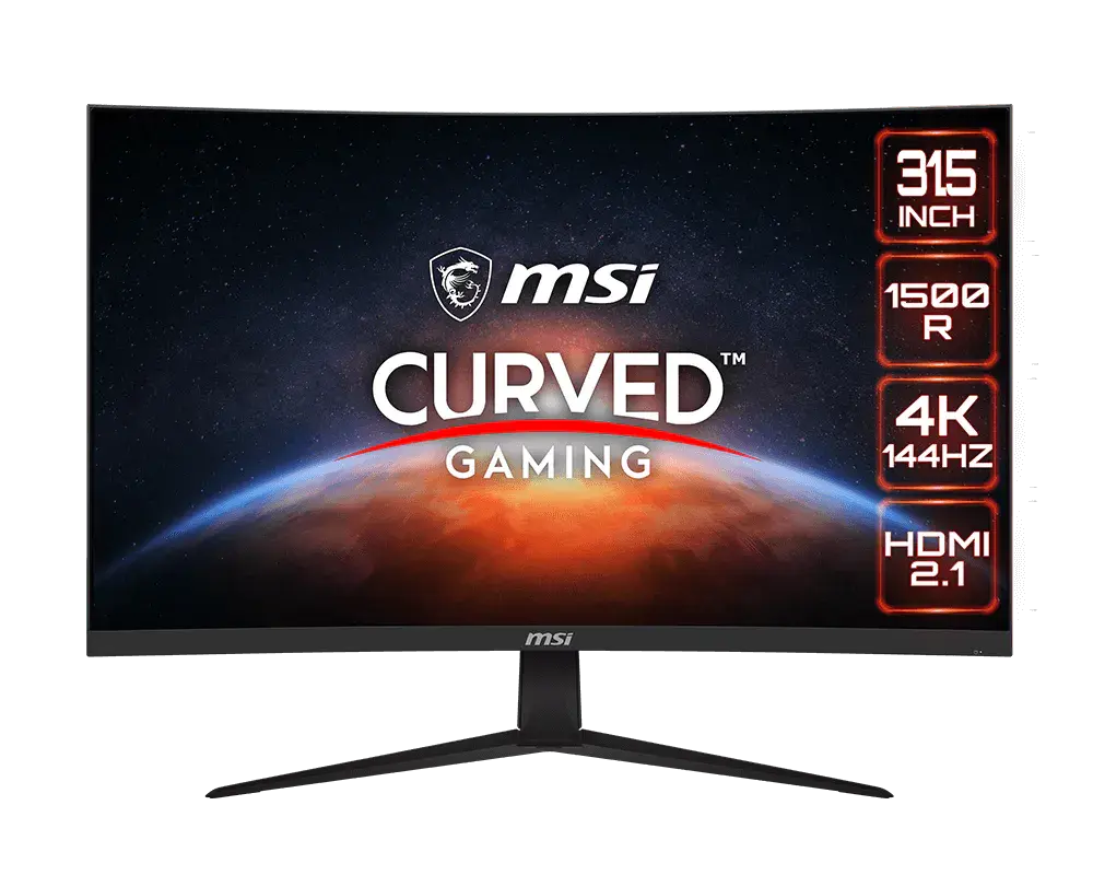 MSI G321CU monitor on its supplied stand, official front view with manufacturer sample screen artwork