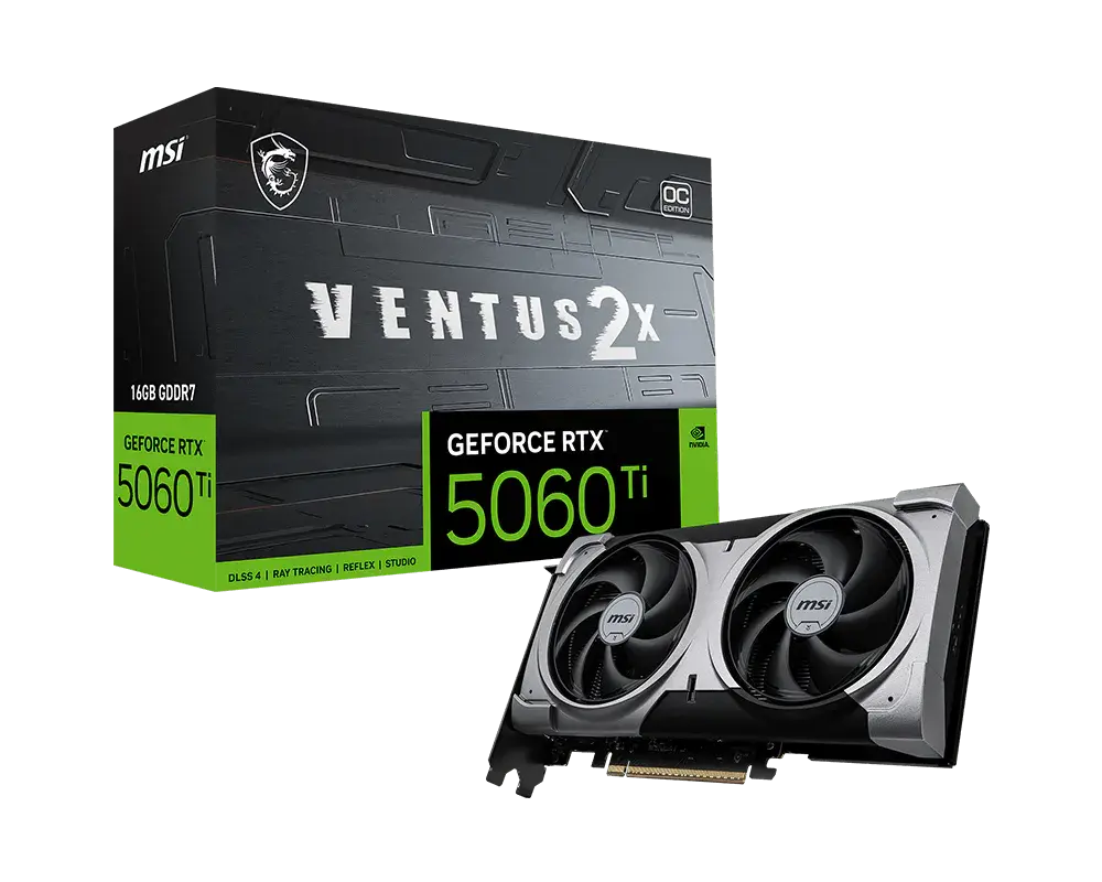 MSI GeForce RTX 5060 Ti 16G VENTUS 2X OC PLUS: one graphics card beside its exact model retail box