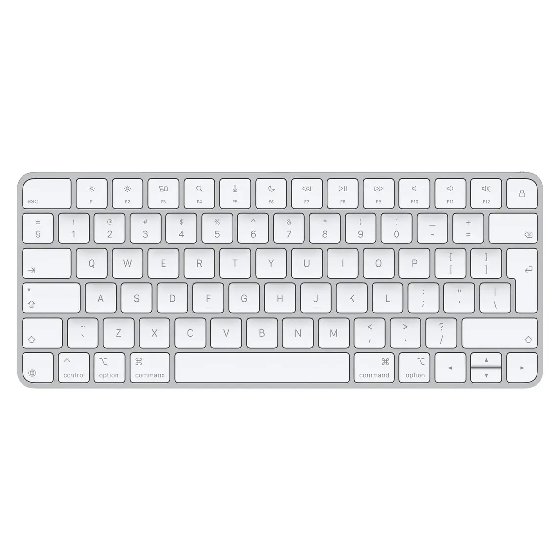 Magic Keyboard, white keys, silver aluminium structure, full-height function keys, half-height up and down arrow keys