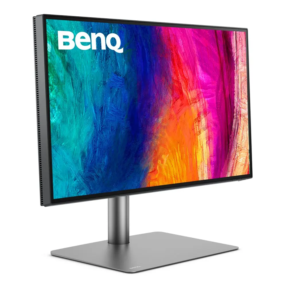 BenQ PD2725U 27-inch monitor viewed from the front-right on its grey rectangular stand.
