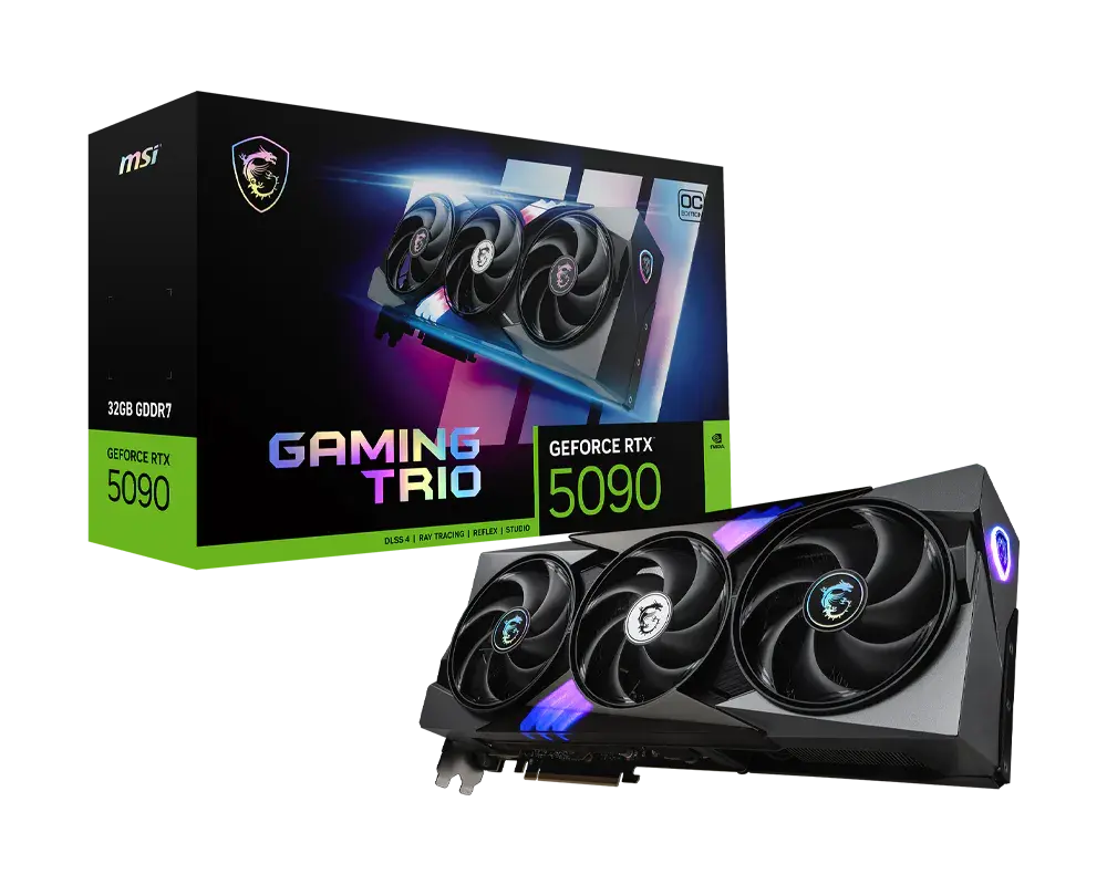 MSI GeForce RTX 5090 32G GAMING TRIO OC graphics card and exact-model retail box showing 32 GB GDDR7