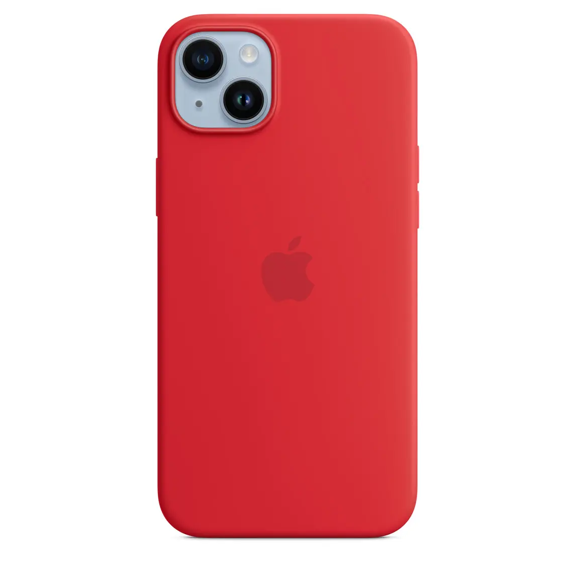 iPhone 14 Plus Silicone Case with MagSafe in (PRODUCT)RED with iPhone 14 Plus in Blue.