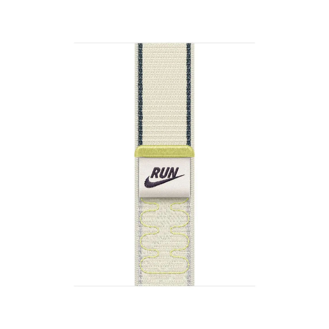 Nike Sport Loop band, chalk calm colour (creamy white with yellow details, light grey edges and subtle woven pattern), double-layer nylon weave material, hook-and-loop closure, Nike Run Swoosh logo pull-tab