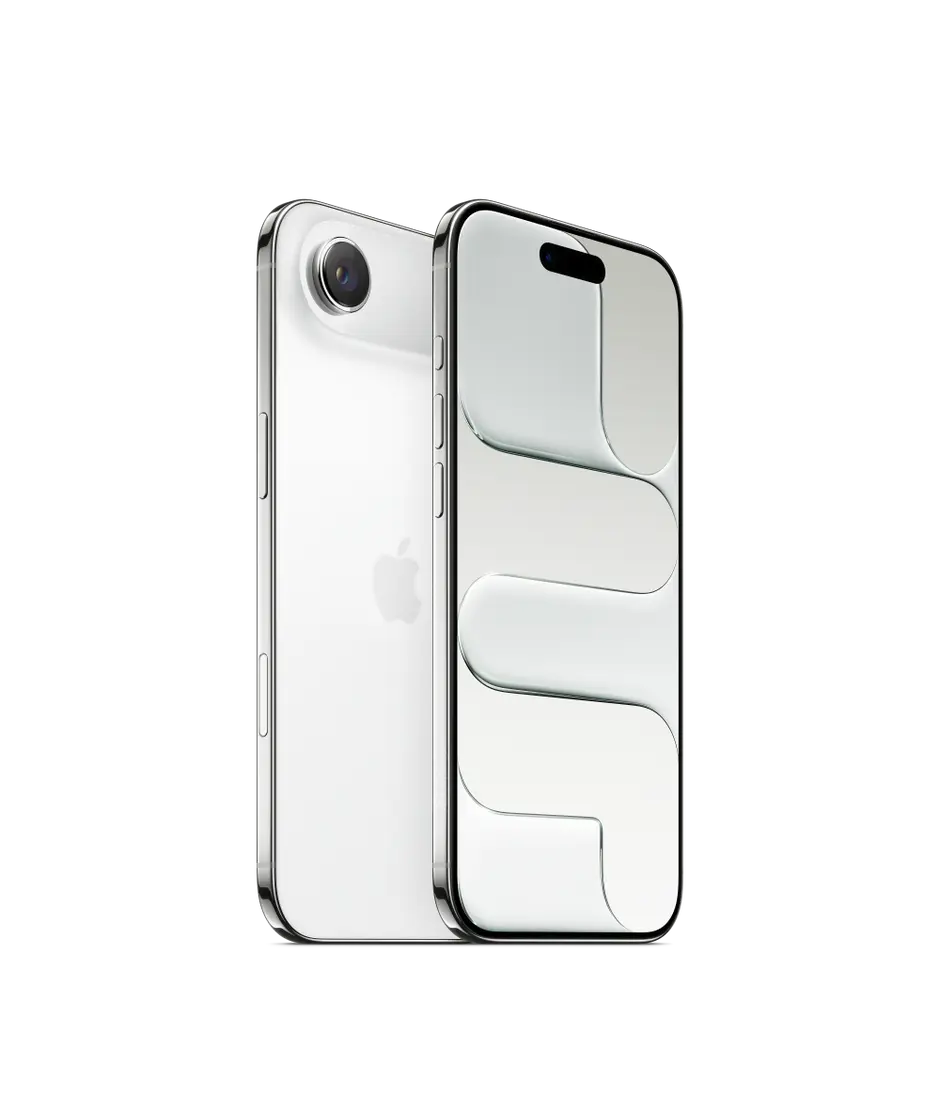 iPhone Air, back exterior, cloud white colour, Advanced 2-in-1 camera system, front exterior, all screen design, Dynamic Island, thin black display border, side exterior, Action button, volume buttons, Side button, Camera Control button